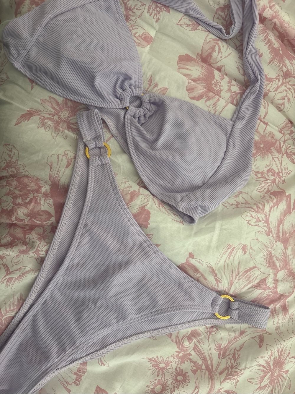 Lilac Ribbed Bikini Set with Gold Rings